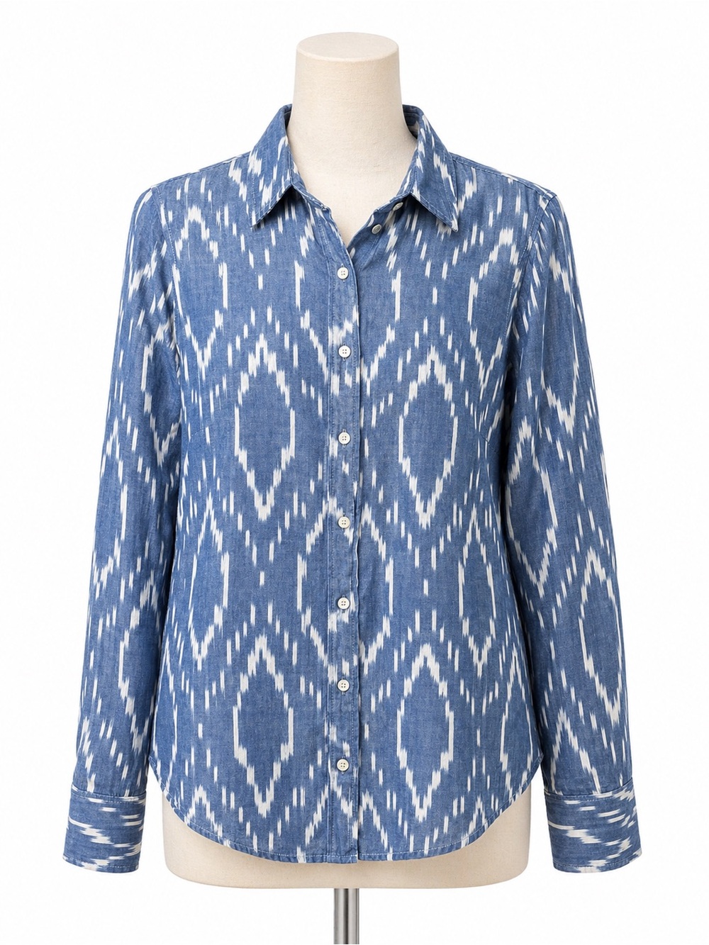 J. Crew Blue and White Ikat Collared‎ Shirt Size 2